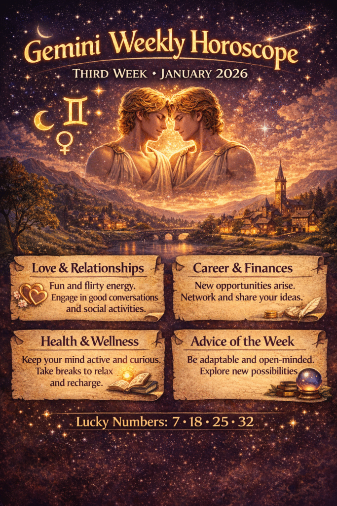 Gemini Weekly Horoscope: Third Week Jan 2026. Relationship improvements ahead, midweek health challenges require meditation and family support. Confidence returns with helpful advice and refreshing travel. Gemini Weekly Horoscope: Third Week Jan 2026